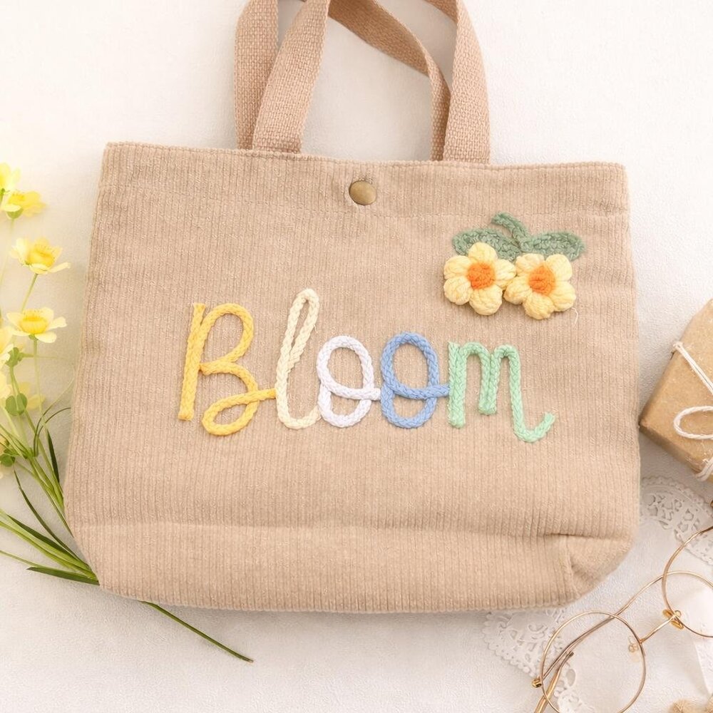 Corduroy Mini Tote with “Bloom” Embroidery & Crochet Flower, Shoulder Purse